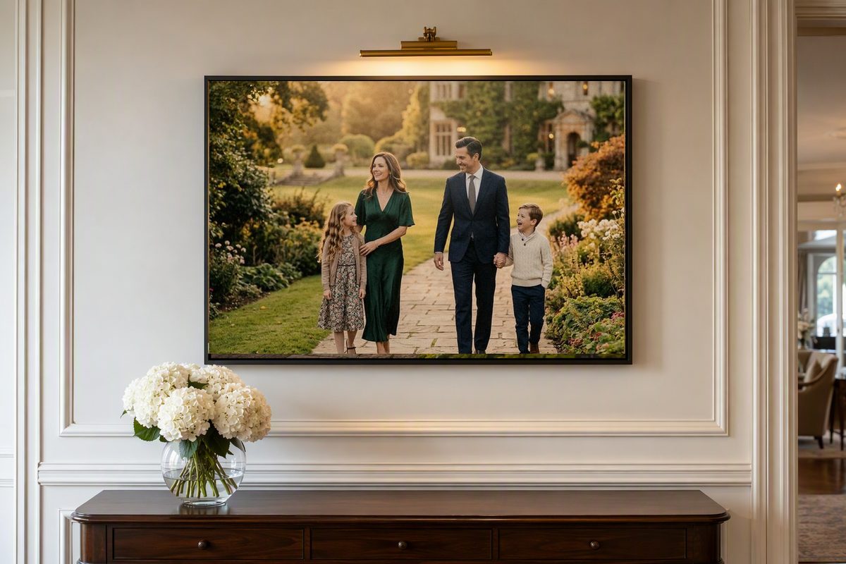 Family portrait in a slim matte-black gallery floater frame with shadow gap and museum glass, lit by a brass picture light